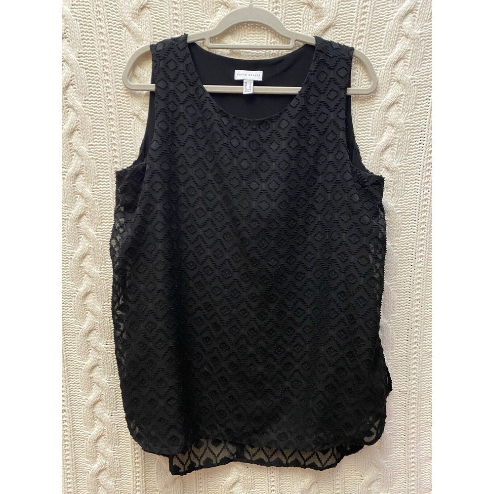 Susan Graver‎ Black Lined Chiffon Tank Dots Sz L Geometric Whimsigoth